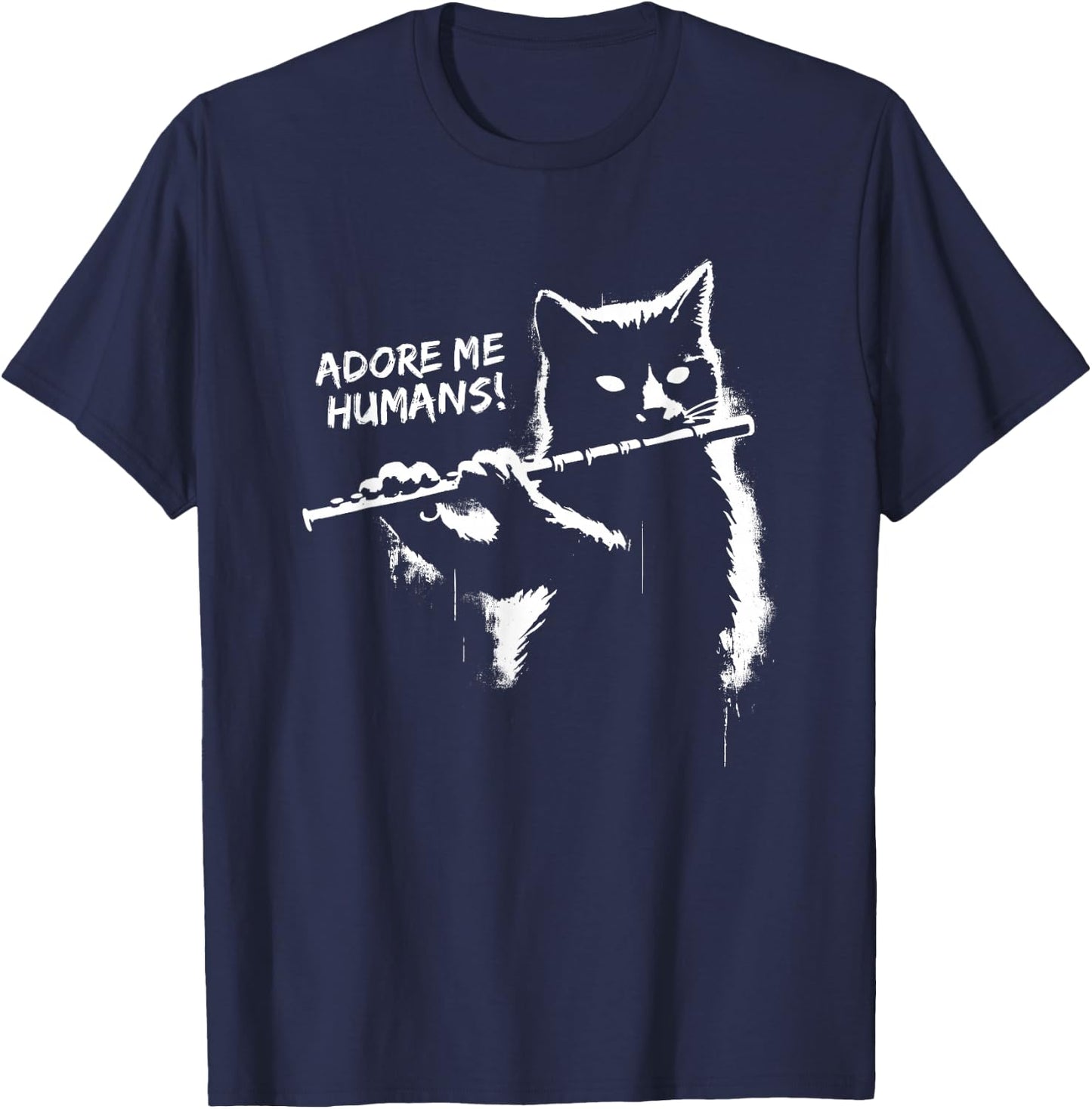 Retro Cat Apparel Gifts Black Cat Playing Flute - Funny Graphic Cat Kitten Lover , Small T-Shirt - T-Shirt | Navy