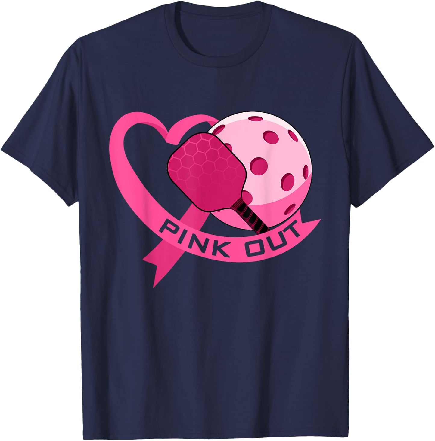 Pink Out Breast Cancer Pink Ribbon Heart & Pickleball Ball T-Shirt - T-Shirt | Navy