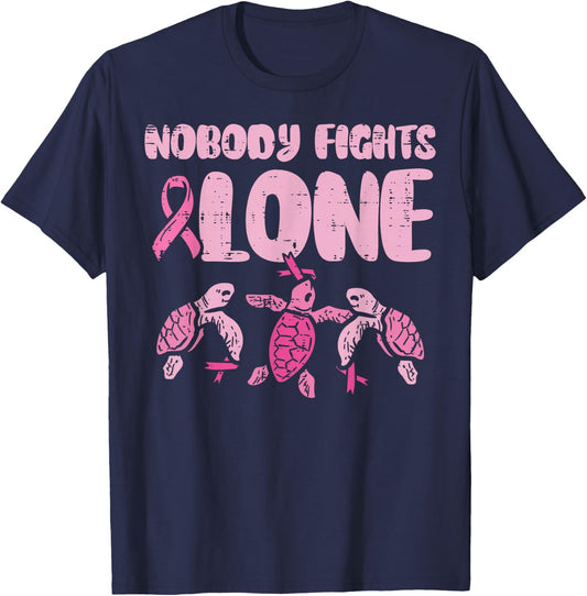Nobody Fights Alone Turtles Breast Cancer Awareness T-Shirt - T-Shirt | Navy