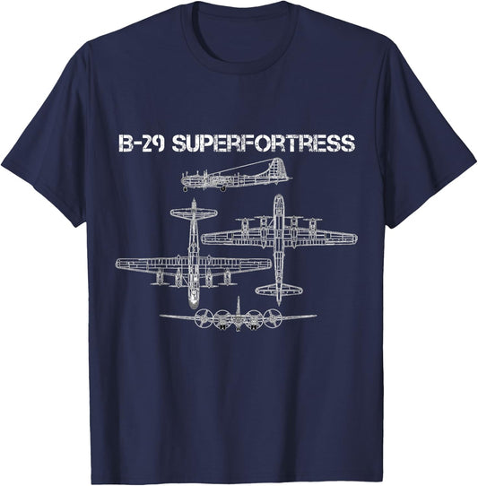 B-29 Superfortress WW2 Heavy Bomber Aircraft Blueprint T-Shirt - T-Shirt | Navy