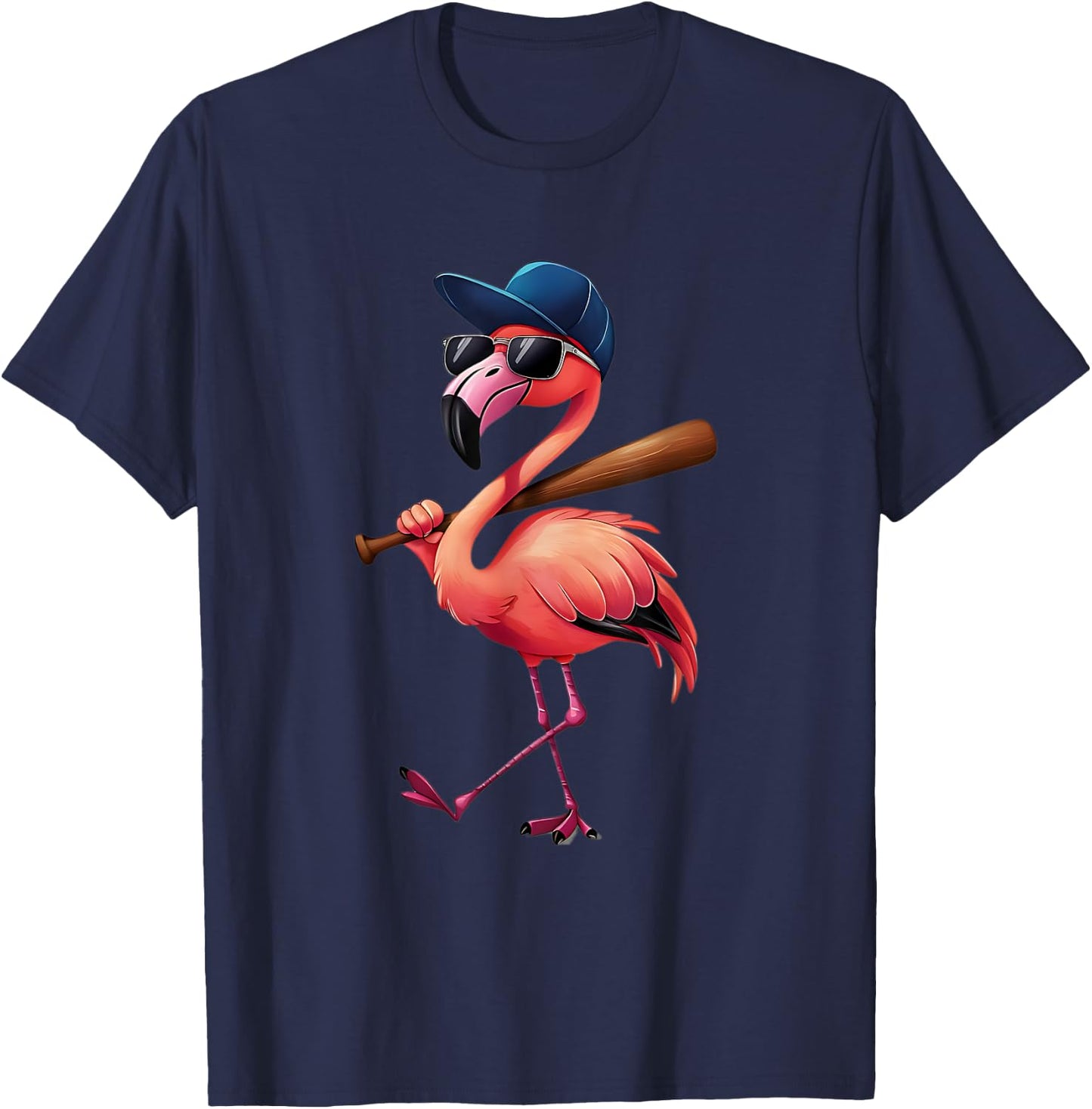 Funny Flamingo Cool Playing Softball Flamingo in Sunglasses T-Shirt - T-Shirt | Navy