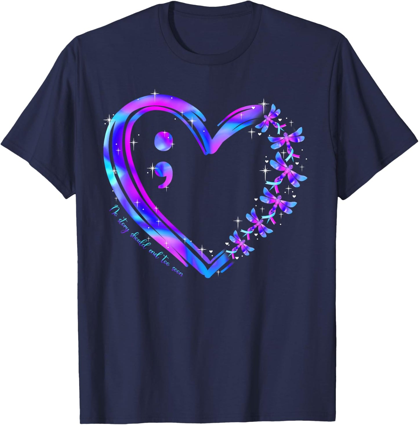 Suicide Prevention Awareness Teal Purple Heart Dragonfly T-Shirt - T-Shirt | Navy