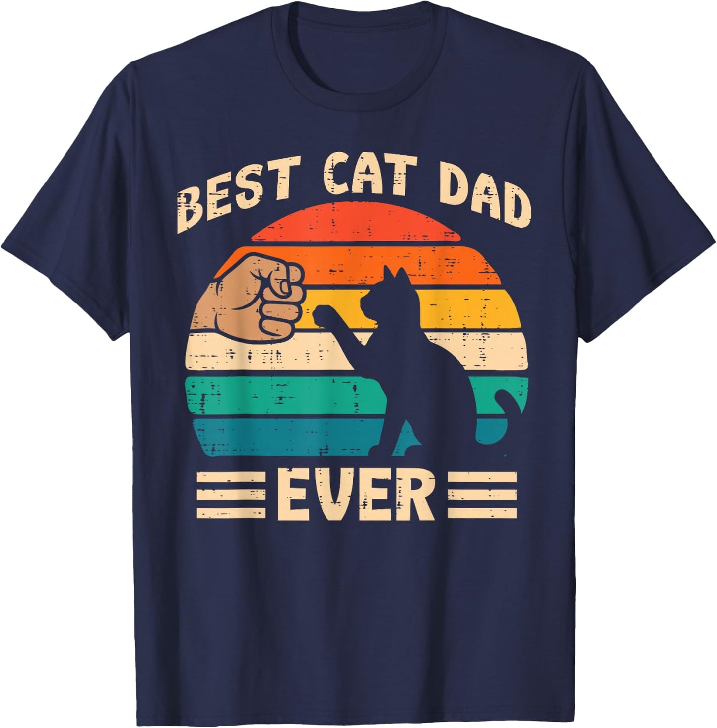 Best Cat Dad Ever Fist Bump Retro Fathers Day Fur Papa Daddy T-Shirt - T-Shirt | Navy