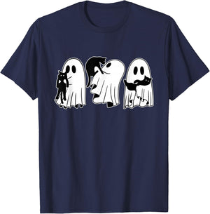 Ghost Holding Black Cat Funny Halloween Cat Lovers Women T-Shirt - T-Shirt | Navy