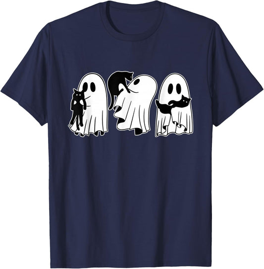 Ghost Holding Black Cat Funny Halloween Cat Lovers Women T-Shirt - T-Shirt | Navy