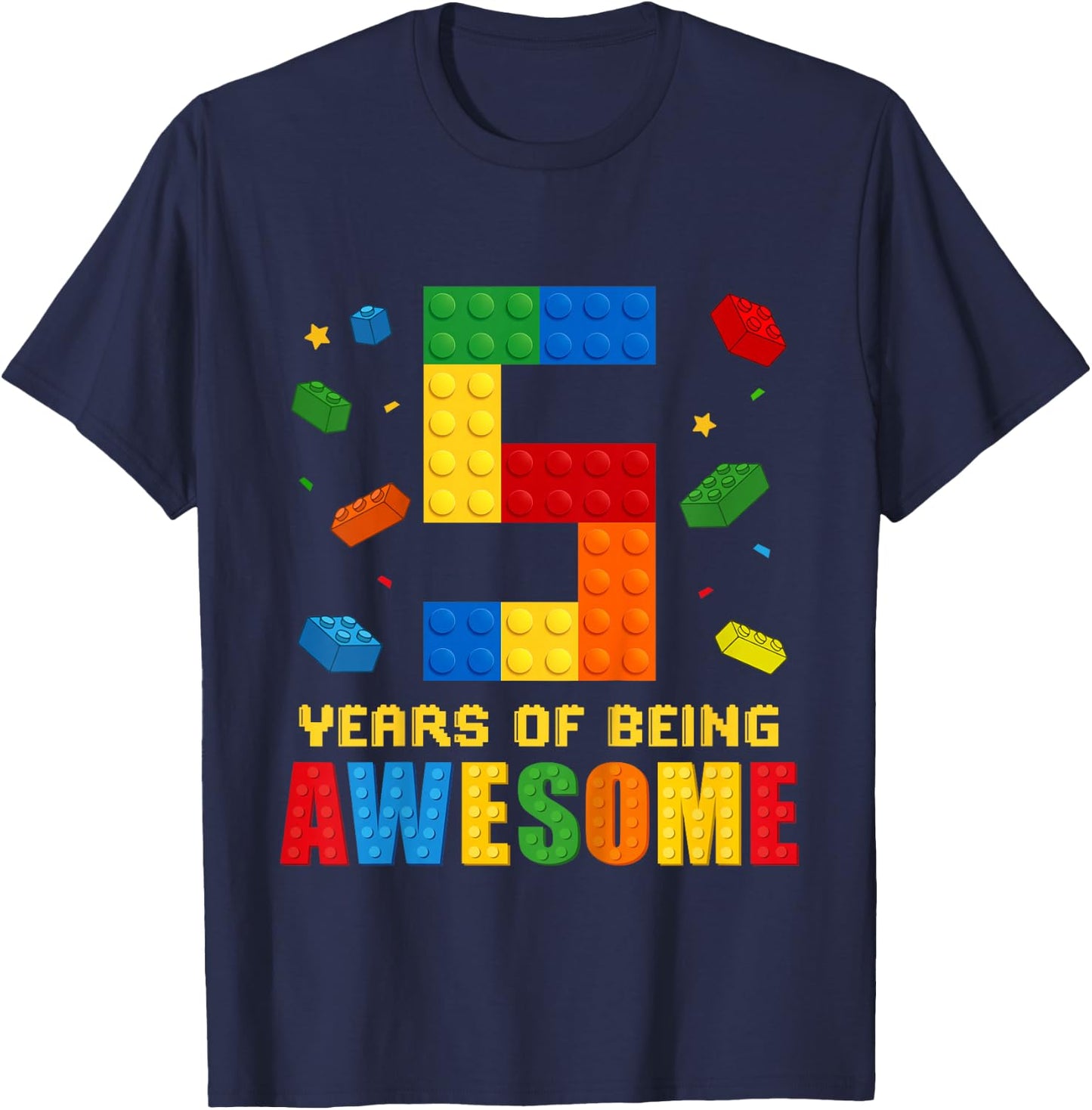 Kids 5 Year Old Birthday Boy Being Awesome Building Bricks 5th T-Shirt - T-Shirt | Navy