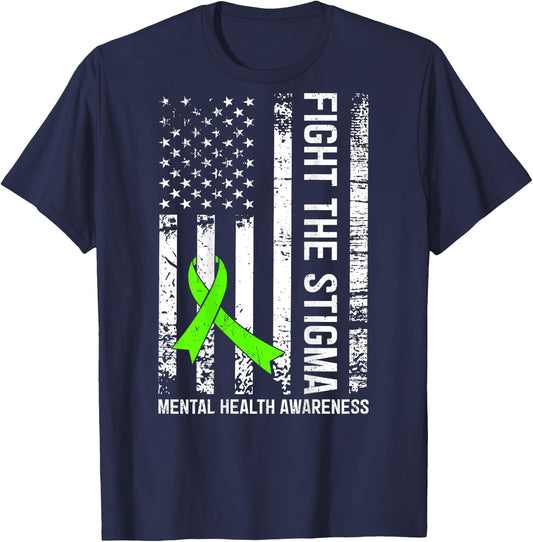 (On Back) Mental Health Awareness Month Fight the Stigma T-Shirt - T-Shirt | Navy
