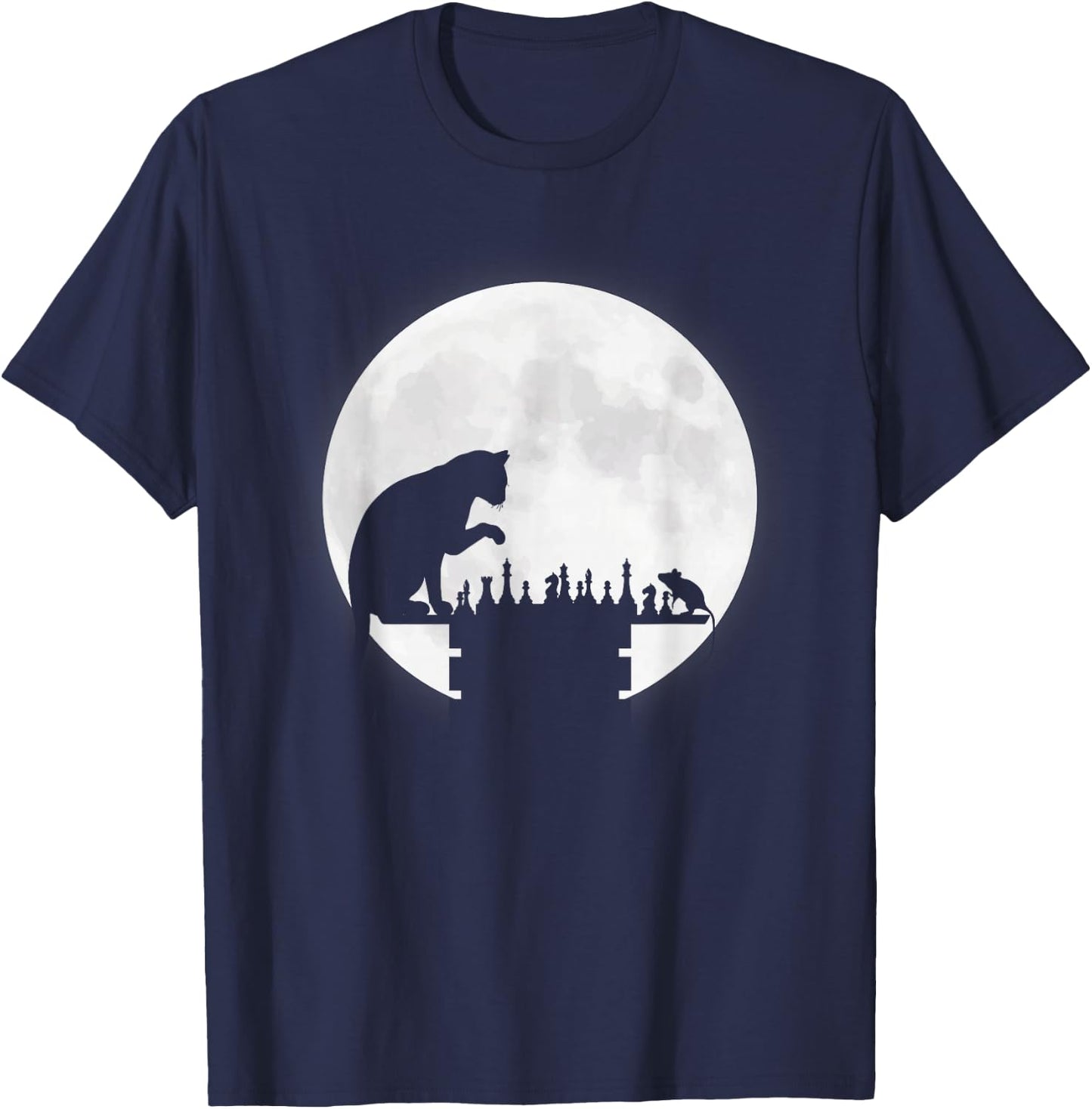 Funny Chess Board Cat Mouse Chess Playing Moon Graphics Gift T-Shirt - T-Shirt | Navy