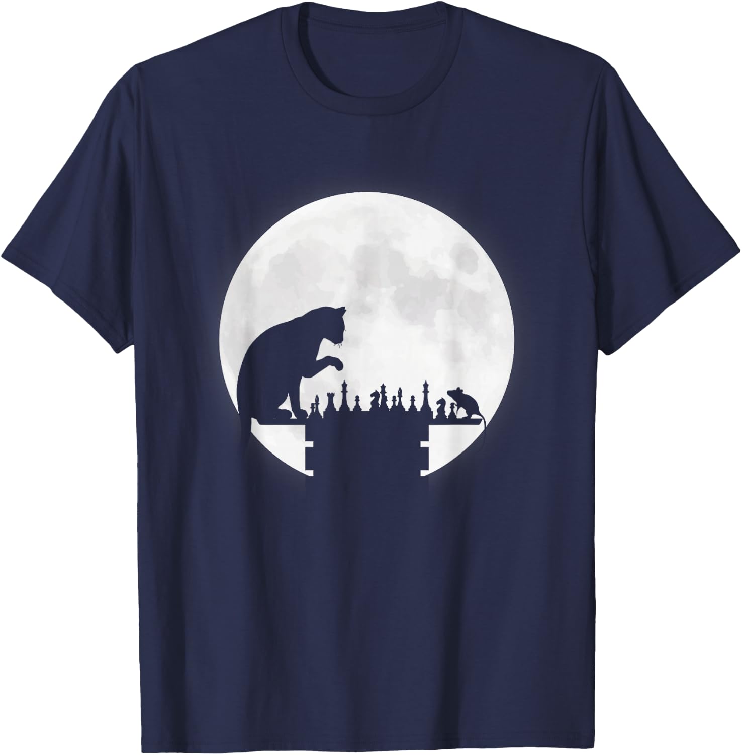 Funny Chess Board Cat Mouse Chess Playing Moon Graphics Gift T-Shirt - T-Shirt | Navy