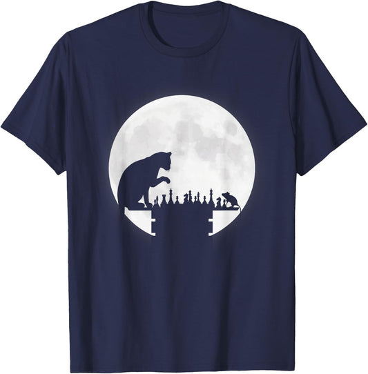Funny Chess Board Cat Mouse Chess Playing Moon Graphics Gift T-Shirt - T-Shirt | Navy