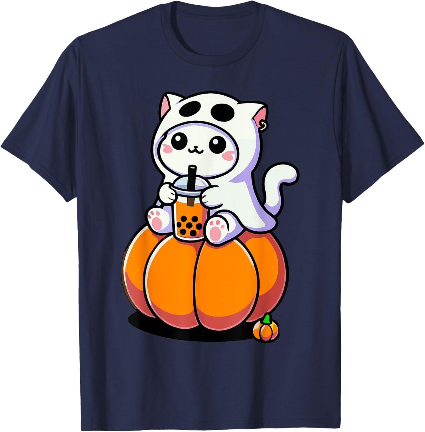 Cute Halloween Cat in Ghost Costume Drinking Boba Tea Men Women Kids T-Shirt - T-Shirt | Navy