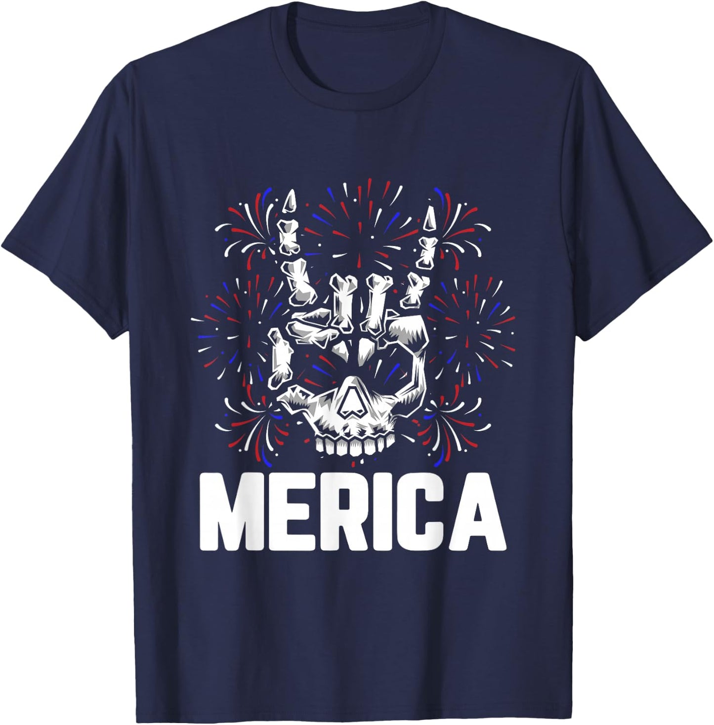 Merica 4th of July Rock And Roll Skull Hands Rocker T-Shirt - T-Shirt | Navy