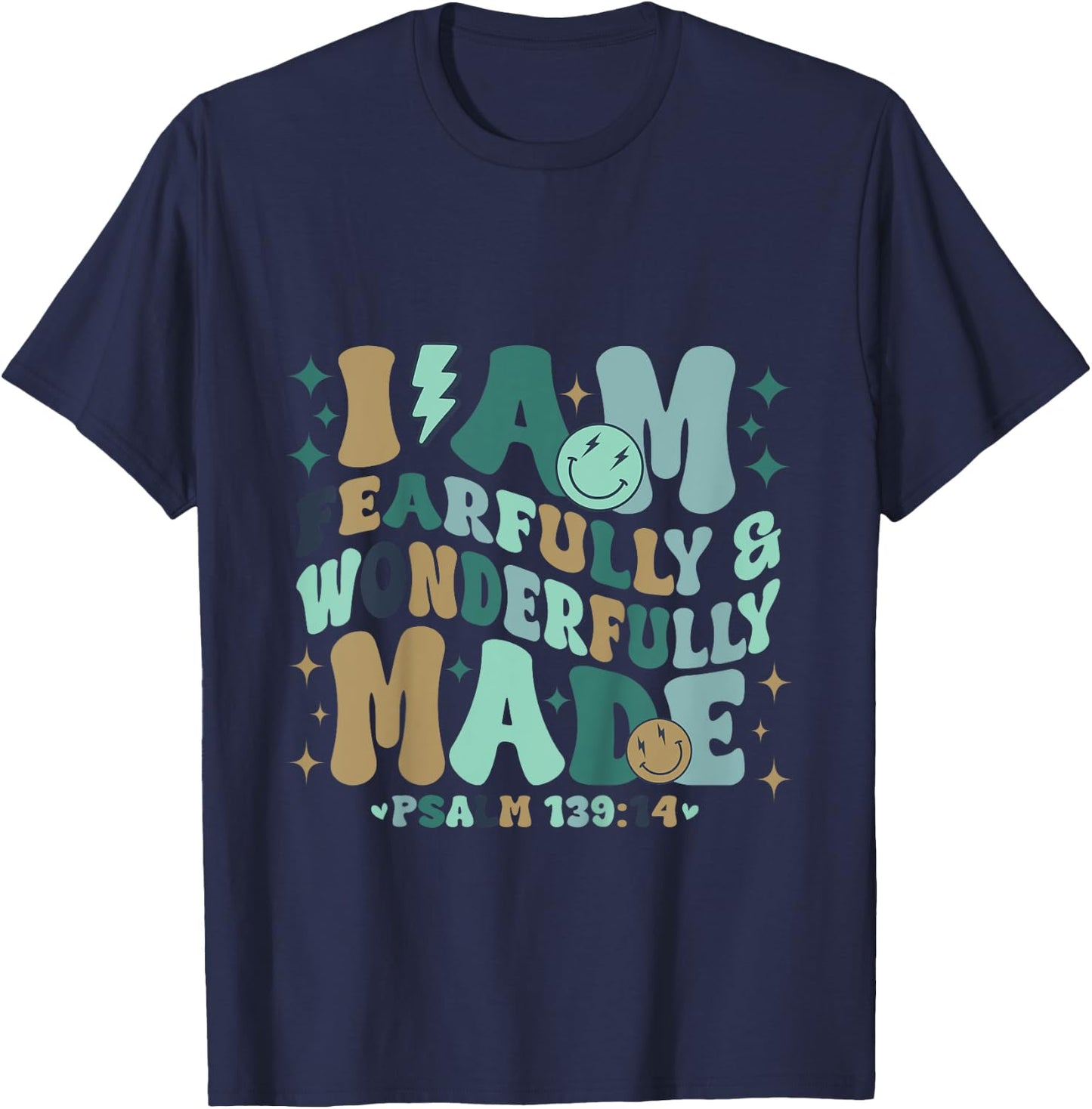 Kids I am Fearfully & Wonderfully Made Retro Bible Verse Kids T-Shirt - T-Shirt | Navy