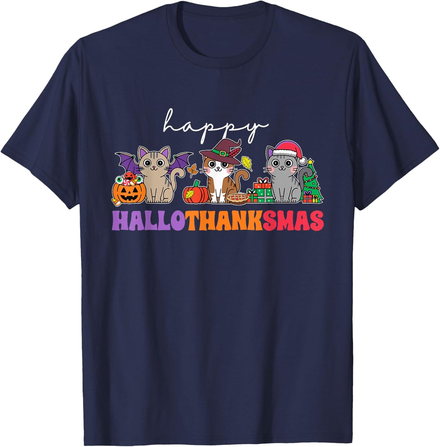 HalloThanksMas Cats : -Adults, -Kids, Black, Small, Short Sleeve, , Halloween, Thanksgiving, Christmas, Fall, Winter, Autumn T-Shirt - T-Shirt | Navy