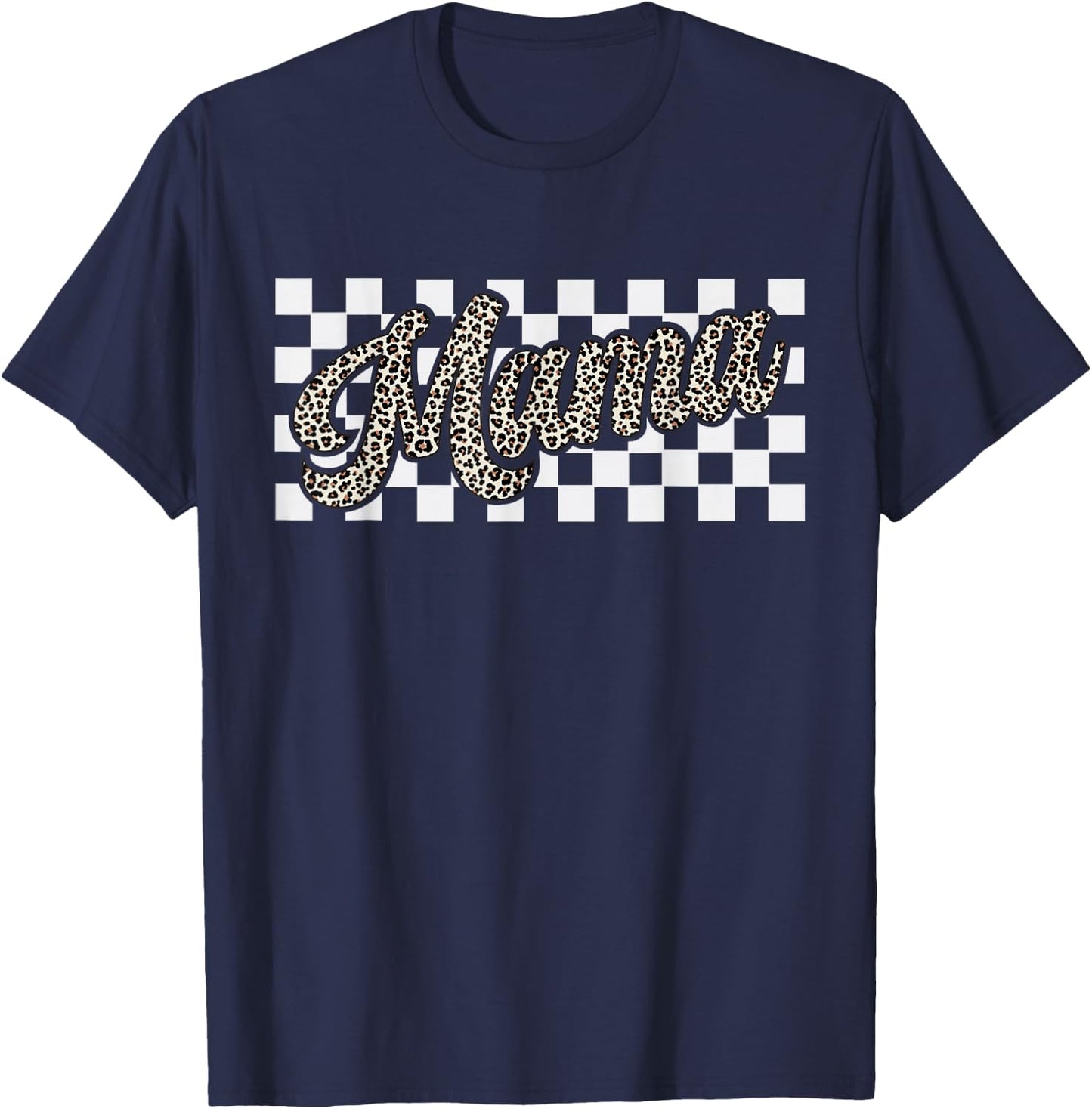 Retro Checkered Mama Leopard Print Mom Mother's Day Gifts T-Shirt - T-Shirt | Navy