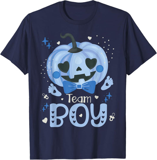 Team Boy Pumpkin Halloween Baby Gender Reveal Party Blue T-Shirt - T-Shirt | Navy