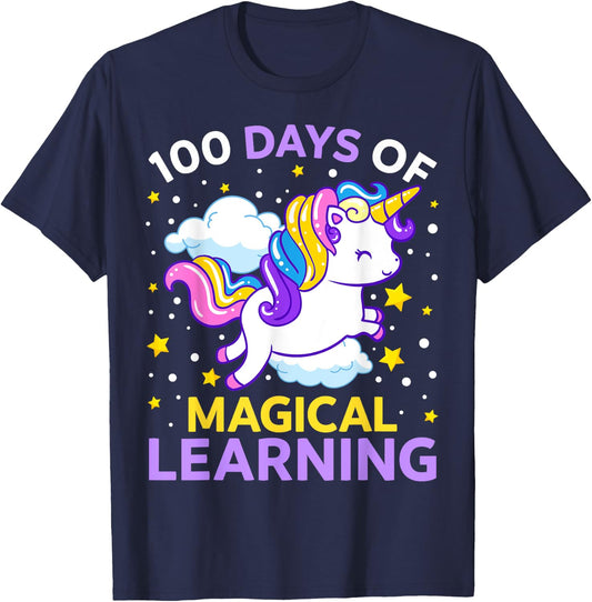 100th Day of School Unicorn Girls 100 Days of Kindergarten T-Shirt - T-Shirt | Navy