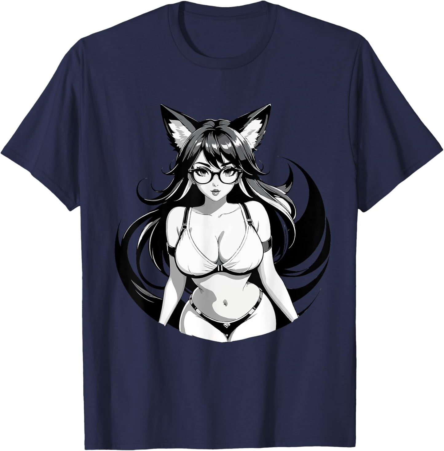 Sexy Waifu Otaku Anime Fox E-Girl Japanese Black & White T-Shirt - T-Shirt | Navy