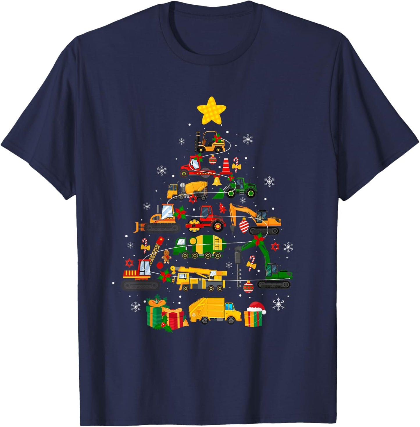 Cute Christmas Tree Santa Hat Construction Excavator Truck T-Shirt - T-Shirt | Navy
