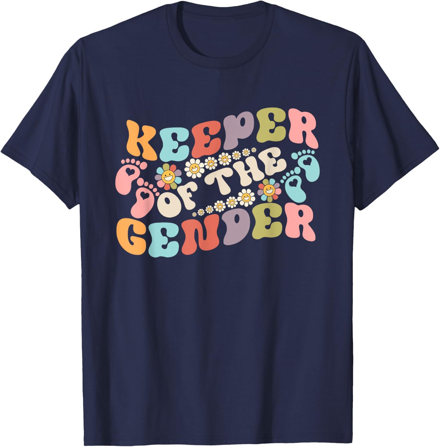 Gender Reveal Keeper of the Gender Groovy Flower Retro T-Shirt - T-Shirt | Navy