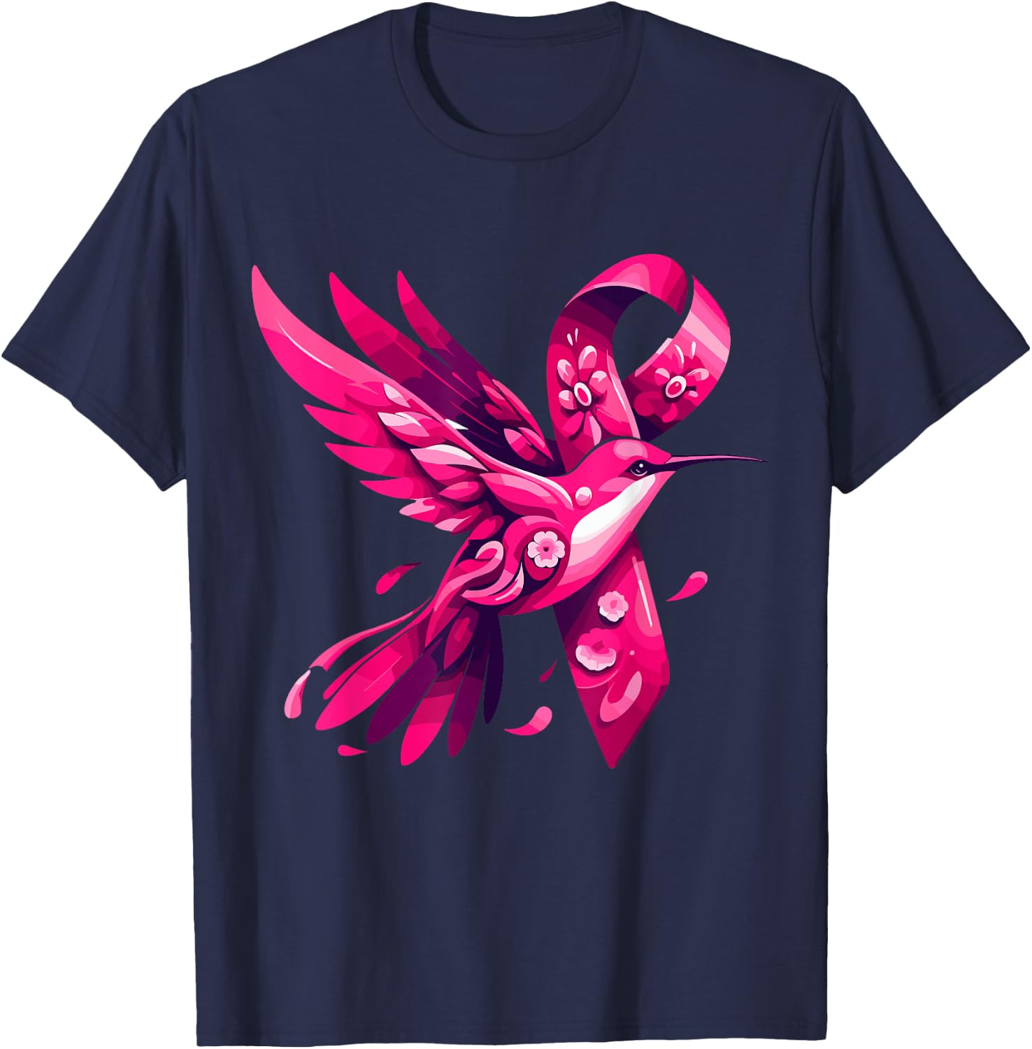 Hummingbird Flower Pink Ribbon Breast Cancer Awareness T-Shirt - T-Shirt | Navy
