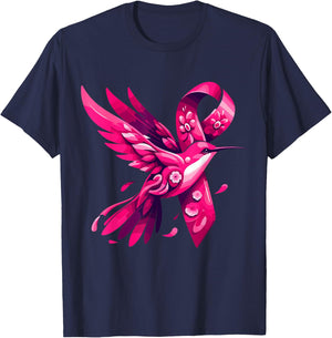 Hummingbird Flower Pink Ribbon Breast Cancer Awareness T-Shirt - T-Shirt | Navy