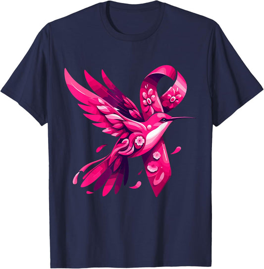 Hummingbird Flower Pink Ribbon Breast Cancer Awareness T-Shirt - T-Shirt | Navy