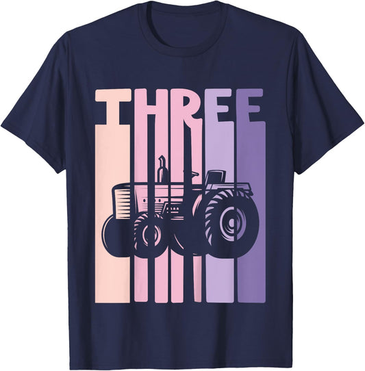 3rd Birthday Retro Farm Tractor Theme Farmer Girl 3 years T-Shirt - T-Shirt | Navy