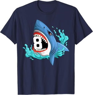 8 Shark Birthday Animal Themed Bday Party Celebration T-Shirt - T-Shirt | Navy