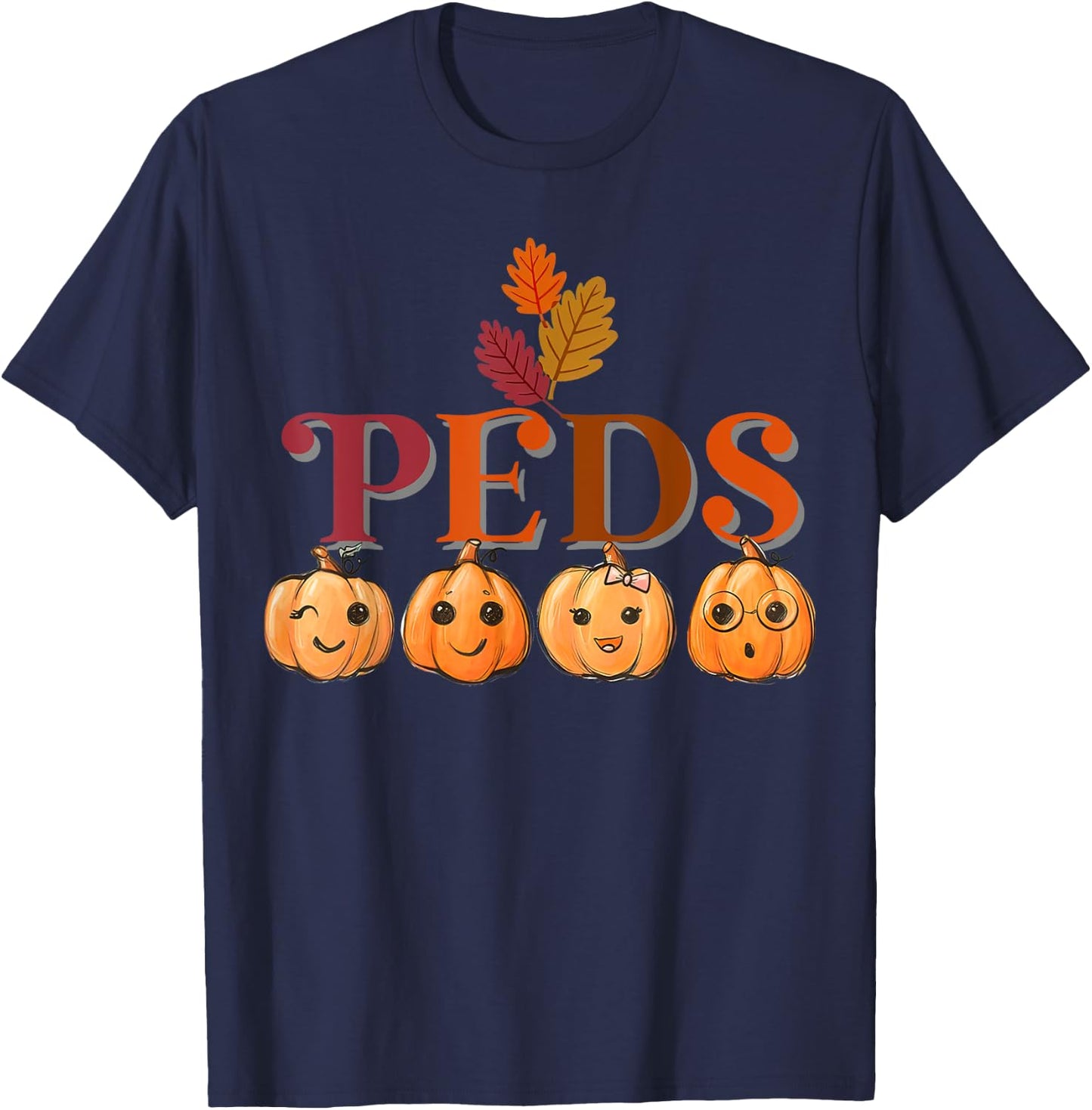 Peds Cute Pumpkin Fall Thanksgiving Pediatric Nurse Retro T-Shirt - T-Shirt | Navy