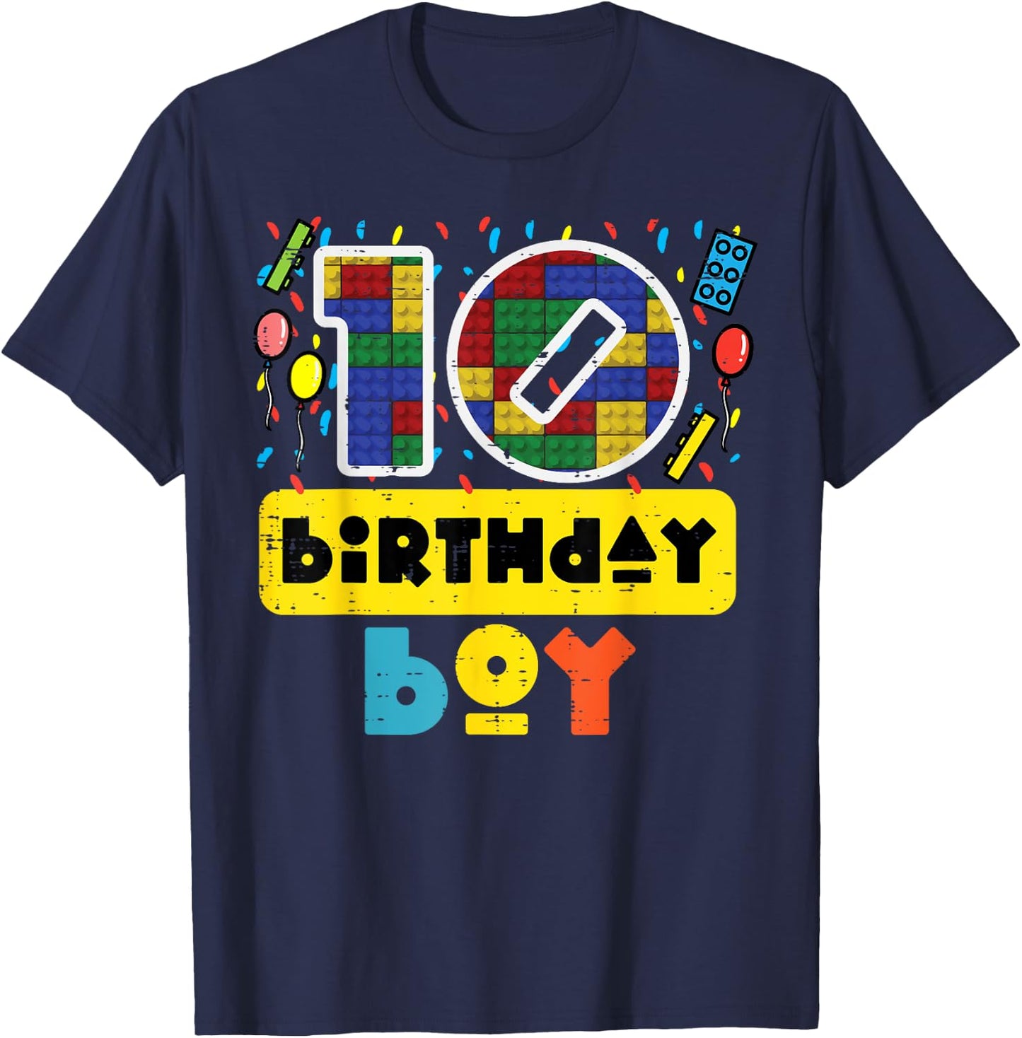 10 Birthday Boy Building Blocks 10th Bday Party Boys Kids T-Shirt - T-Shirt | Navy