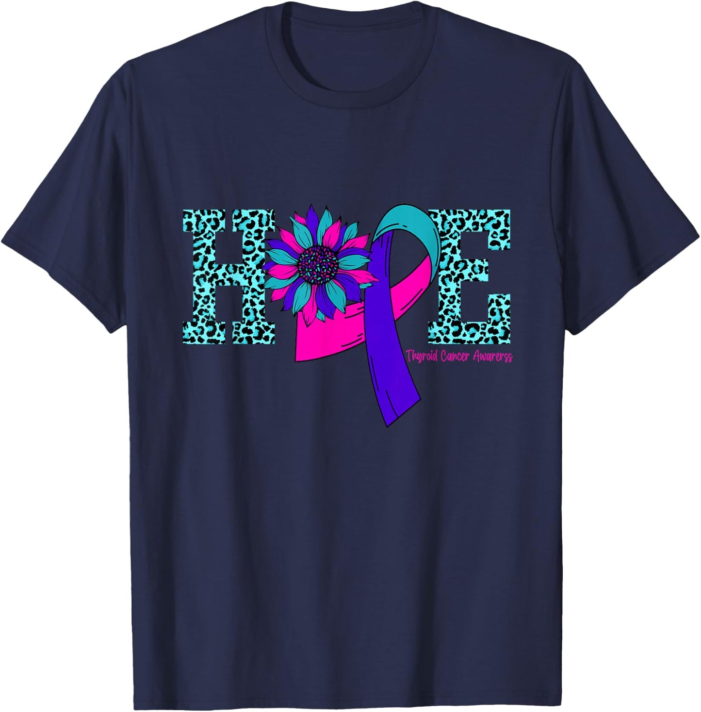 Thyroid Cancer Hope Ribbon Leopard Thyroid Awareness T-Shirt - T-Shirt | Navy