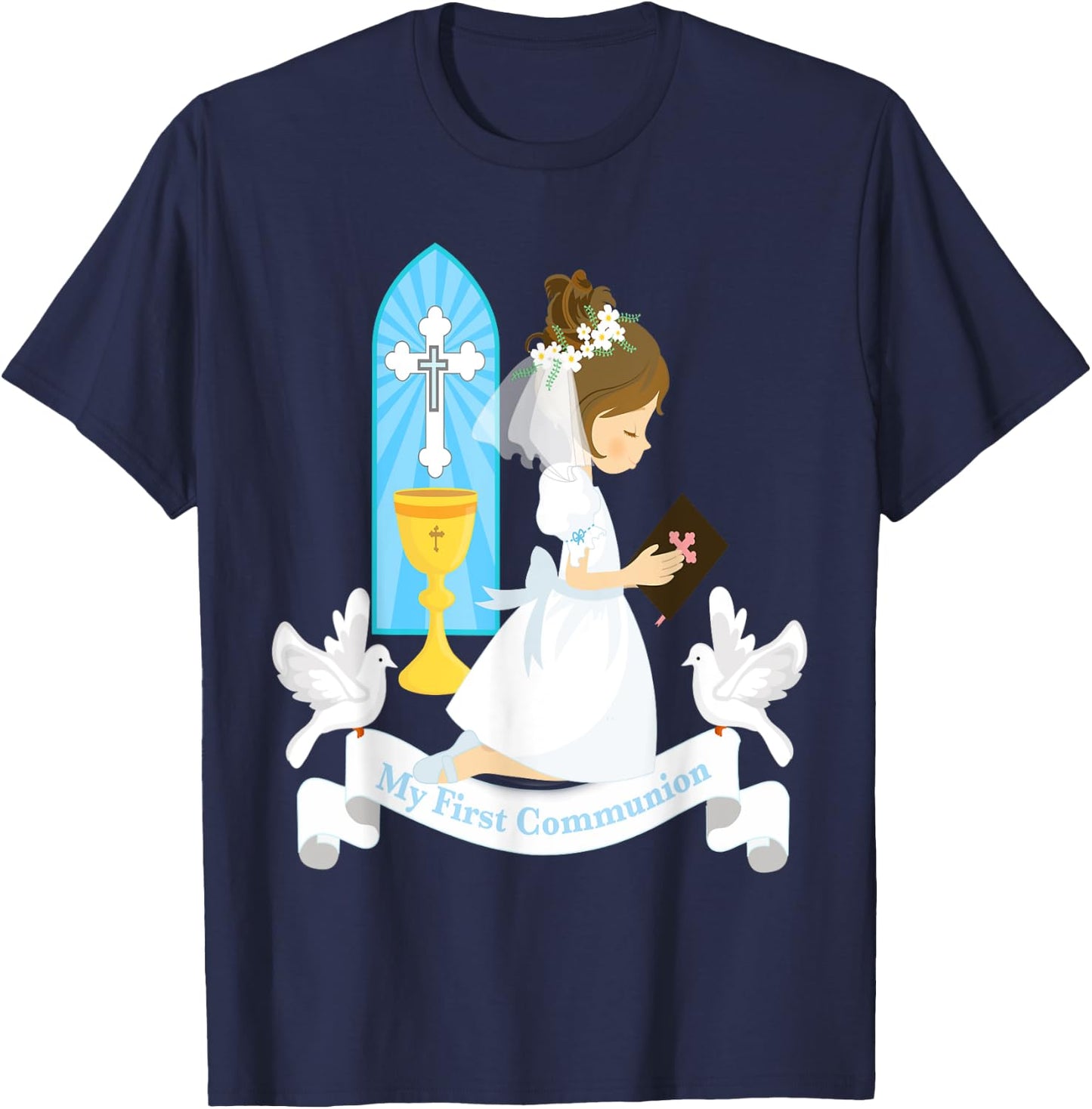 My First Communion Girls Daughter Godchild Brunette Church T-Shirt - T-Shirt | Navy