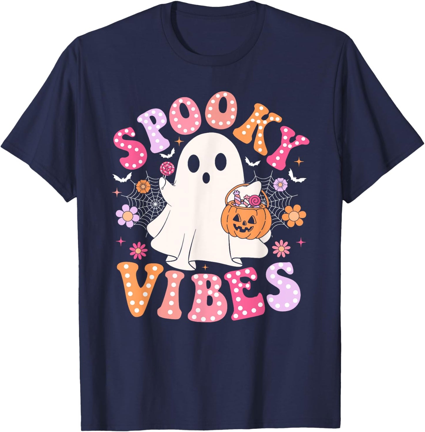 Spooky Vibes Ghost Retro Groovy Halloween Women Girls Kids T-Shirt - T-Shirt | Navy