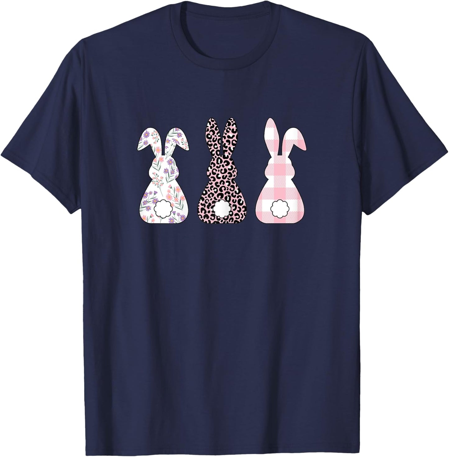 Cute Pink Leopard Plaid Flower Happy Easter Bunny Rabbit T-Shirt - T-Shirt | Navy