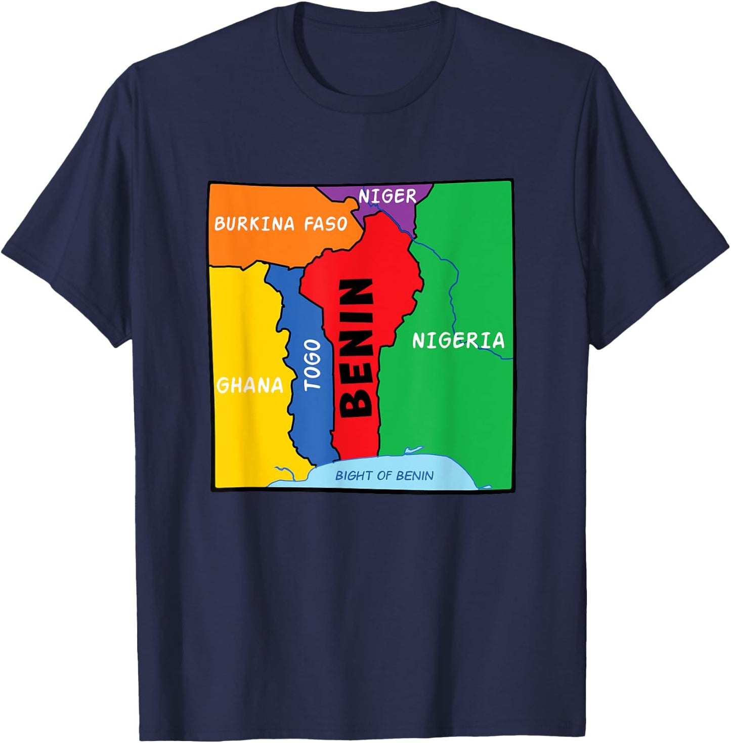 Colorful simplified Benin map, neighboring countries names T-Shirt - T-Shirt | Navy
