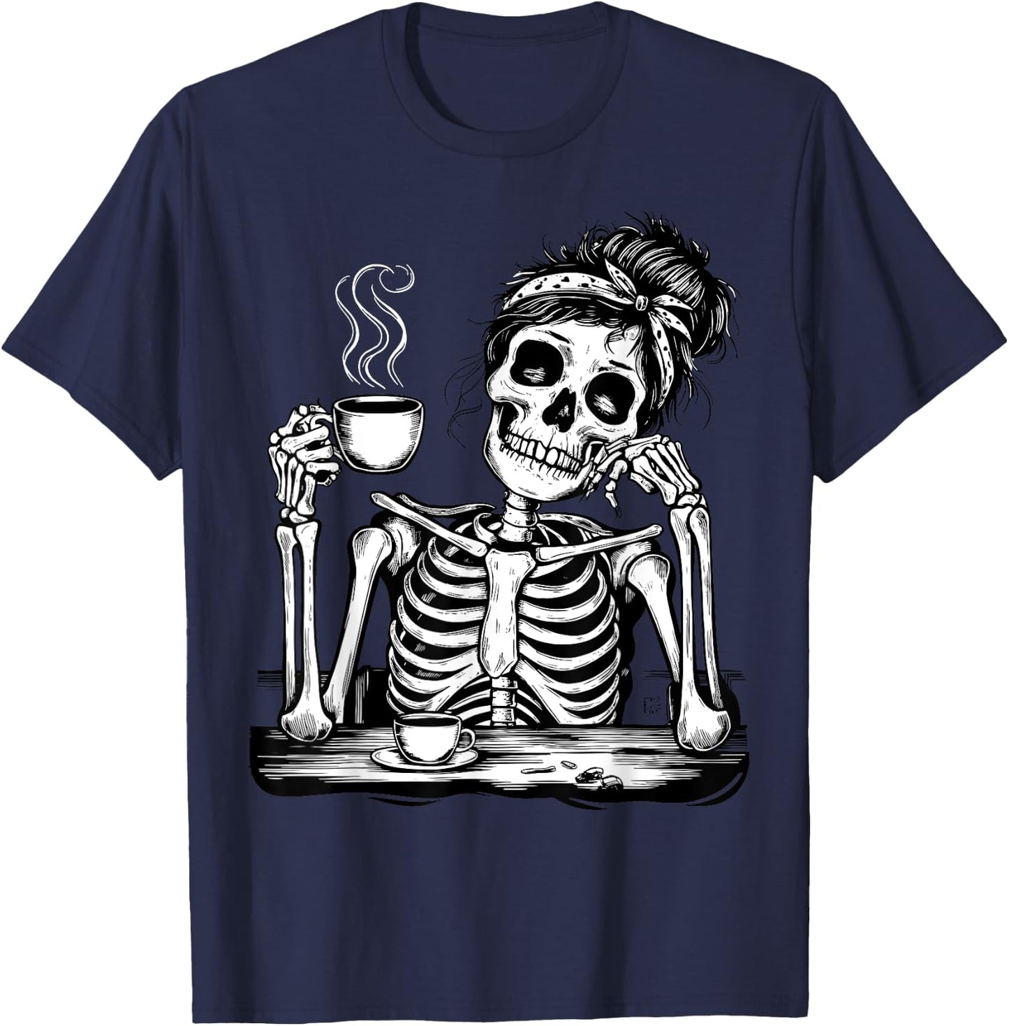 Messy Bun Drinking Coffee Skeleton Tired Mom T-Shirt - T-Shirt | Navy