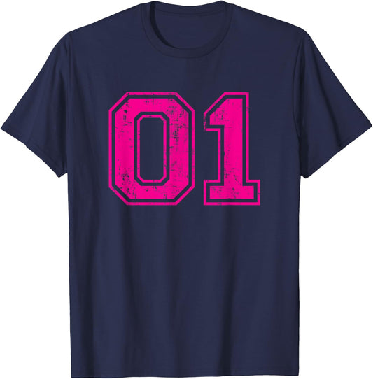 Number 01 Varsity Distressed Vintage Sport Team Player's T-Shirt - T-Shirt | Navy