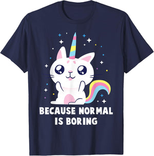Bored - Because Normal Is Boring - Cat - Unicorn - Nymph Men Women Kids T-Shirt - T-Shirt | Navy