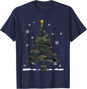 Gun Christmas Tree Funny Xmas 2024 Gifts Gun Lover Veteran T-Shirt - T-Shirt | Navy