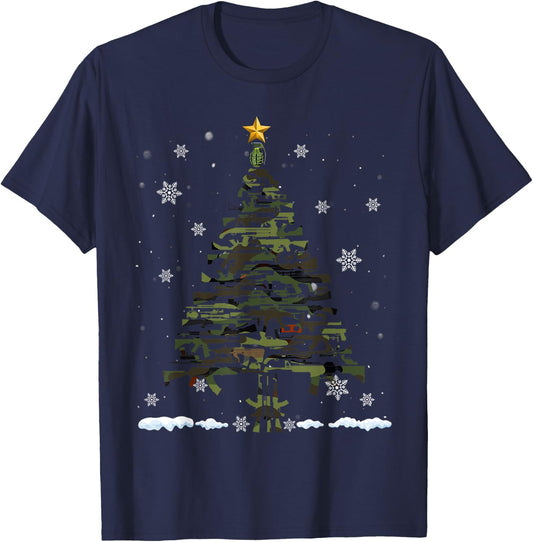 Gun Christmas Tree Funny Xmas 2024 Gifts Gun Lover Veteran T-Shirt - T-Shirt | Navy
