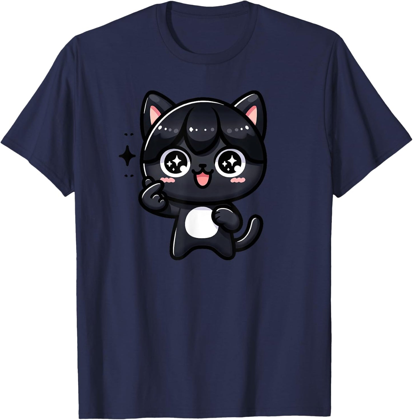 Funny Black Cat Cartoon Finger-heart K-pop Korean Men Women T-Shirt - T-Shirt | Navy