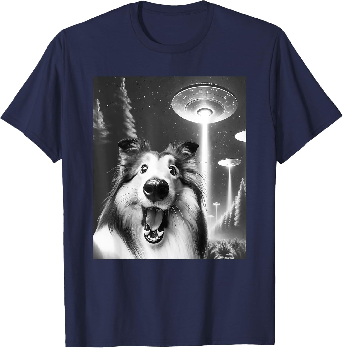 Funny Rough Collie Alien UFO Taking a Selfie Dog Mom Dad Women Kids T-Shirt - T-Shirt | Navy