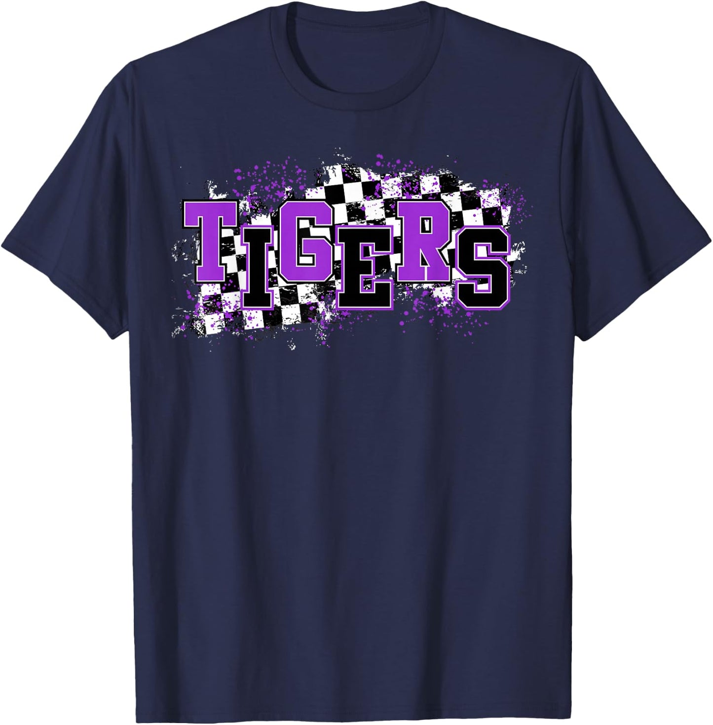 Tigers School Spirit Tiger Pride Purple Black Tigers Checker T-Shirt - T-Shirt | Navy
