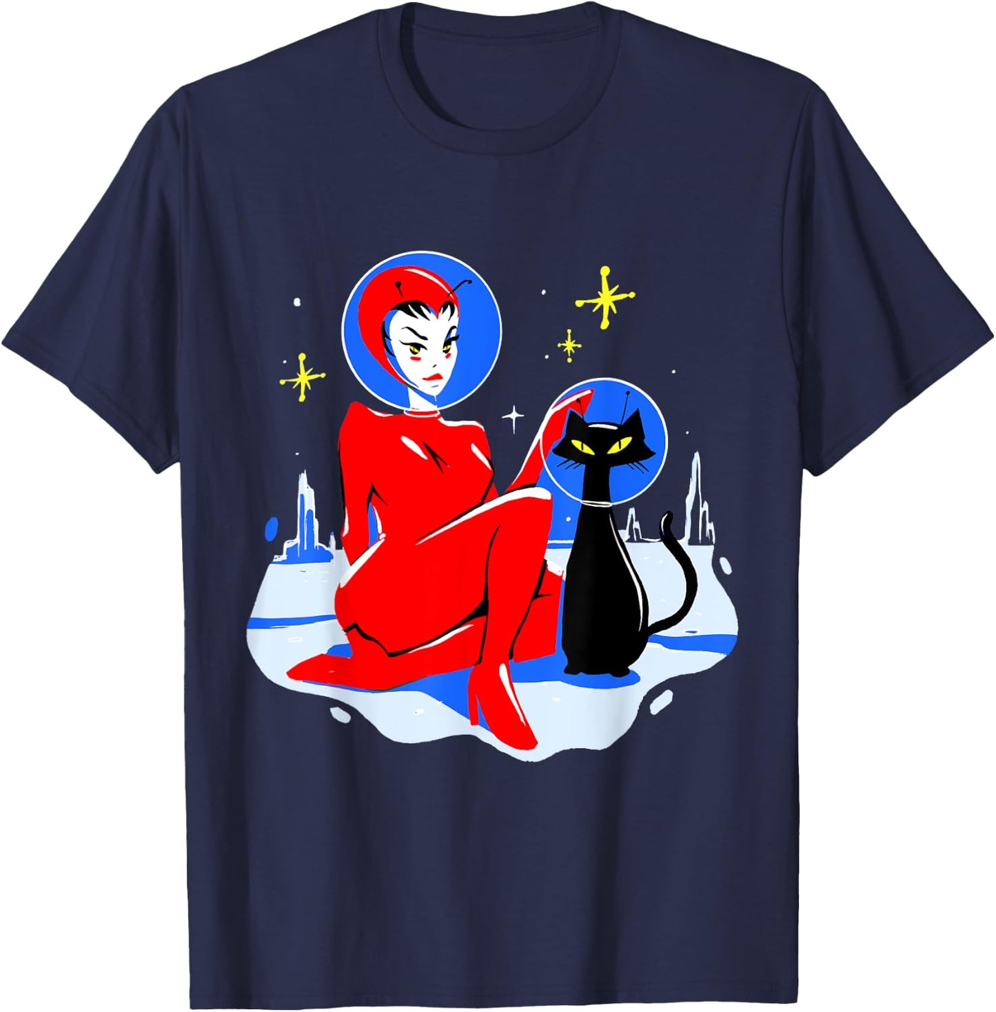 Mid Century Space Cat Retro Atomic Age Alien Pin Up Girl T-Shirt - T-Shirt | Navy