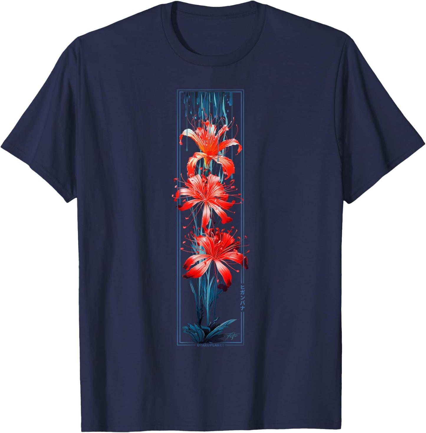Red Spider Lily Flower in Japanese grunge Aesthetic Style T-Shirt - T-Shirt | Navy
