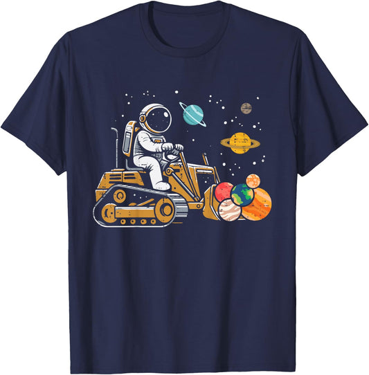 Kids Astronaut Bulldozer Planets Space Construction Boys Kids T-Shirt - T-Shirt | Navy