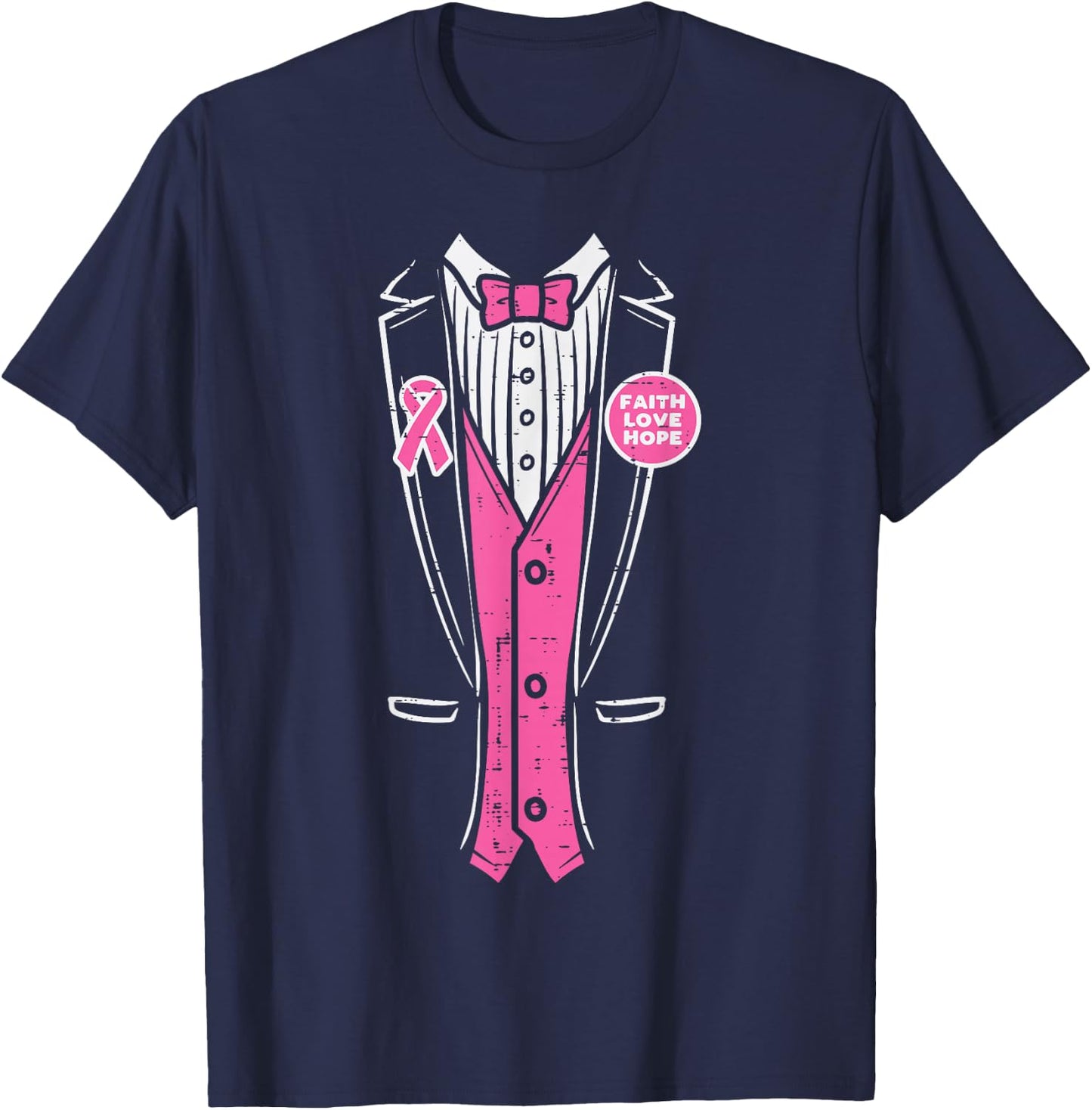 Pink Ribbon Tuxedo Breast Cancer Awareness Men Boys T-Shirt - T-Shirt | Navy