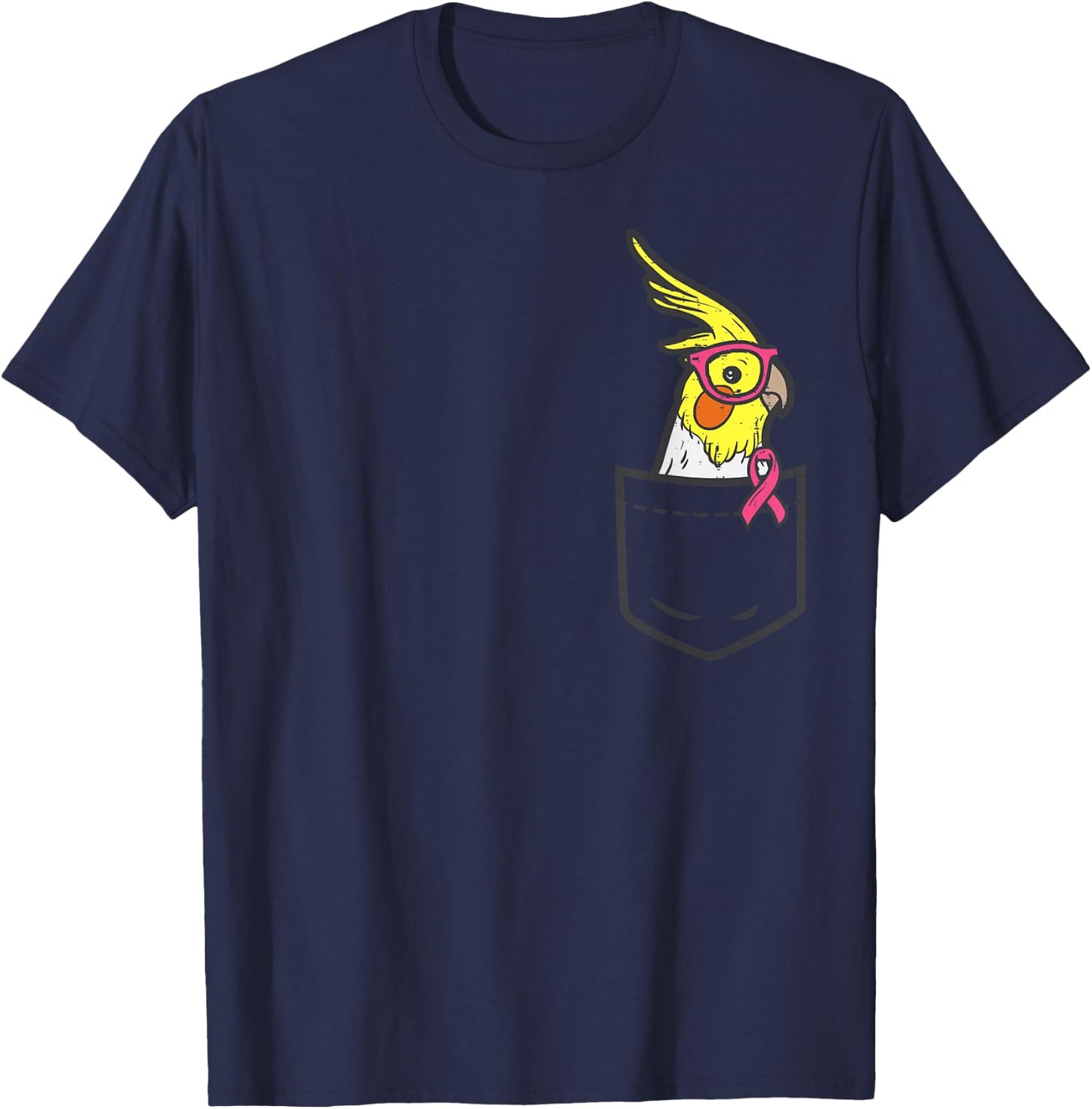 Pocket Cockatiel Bird Pink Ribbon Breast Cancer Awareness T-Shirt - T-Shirt | Navy