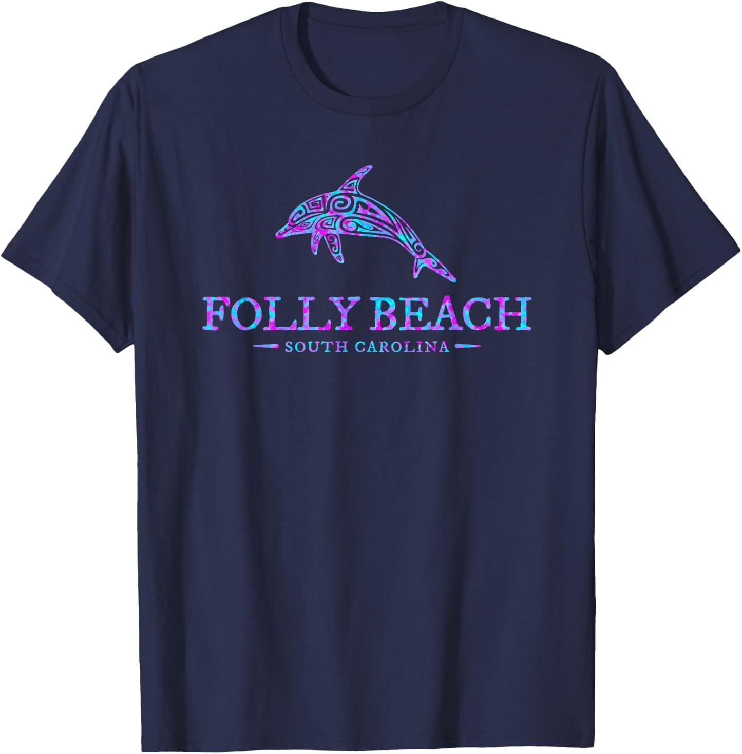 Folly Beach SC Colorful Dolphin Vacation Souvenir T-Shirt - T-Shirt | Navy